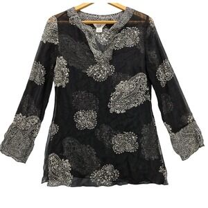Vtg SLB Sunny Leigh Top Blouse Black White 100% Paisley Silk S Small Y2K Sheer